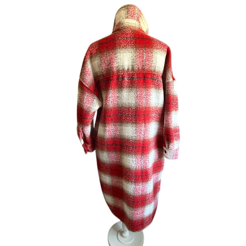 Mango Plaid Shirt Coat Red Black Cream Oversized Shacket Women’s M/L Wool Blend - Picture 4 of 11